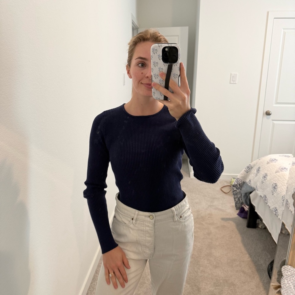 Zesica Small Navy Ribbed Long-Sleeve Women's Sweater